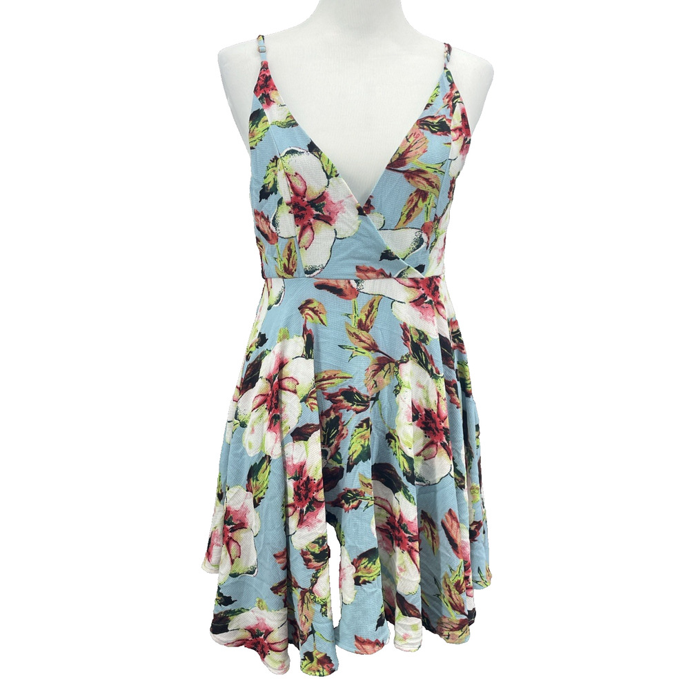 NWT Revamped Womens L Light Blue Dress Floral Tropical Mini Fit And Flare Resort